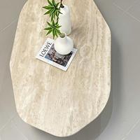 Table basse en travertin irrégulier, plateau en pierre naturelle, base cylindrique en bois massif, style Wabi Sabi, table de salon, table à thé