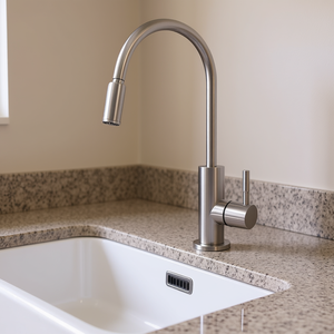 Robinet de cuisine moderne en acier inoxydable à poignée unique, à bec haut, avec douchette extractible, à montage sur plan avec plaque de fixation - Product Image 2