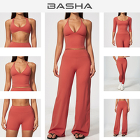 Ensemble de yoga brossé à décolleté plongeant, débardeur et pantalon évasé, respirant, pour le fitness et l'entraînement, vêtements de sport deux pièces pour femmes, vente en gros