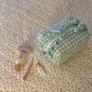 Embroidery Gingham check quilted makeup bag unique toiletry Frill Pouch Handmade fluffy cosmetic bag with flower pattern