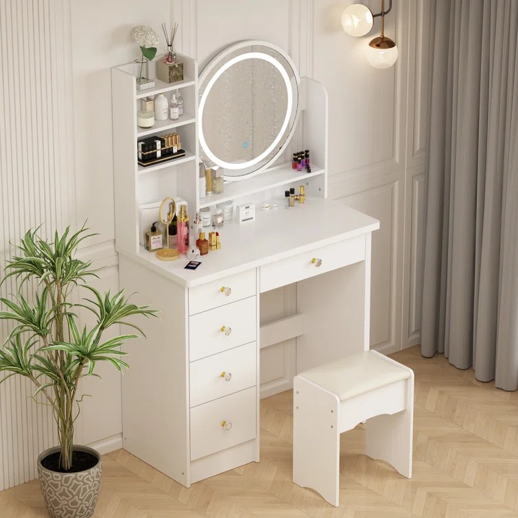 Bedroom Dressing Table Set Modern White Color Round Lighted Mirror 5 Drawers 4 Shelves Makeup with MDF and Pine Wood| Alibaba.com Bedroom Dressing Table Set Modern White Color Round Lighted Mirror 5 Drawers 4 Shelves Makeup with MDF and Pine Wood| Alibaba.com