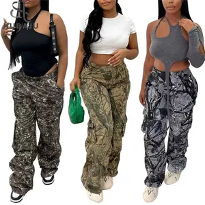Women High Waist Cargo Pants Pocket Side Camouflage Straight Wide Leg Y2K Pant Summer Streetwear