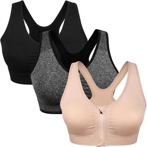 เสื้อชั้นในกีฬาผู้หญิงแบบมีซิปด้านหน้าไร้โครง รุ่น Racerback สำหรับโยคะและออกกำลังกาย ระบายอากาศได้ดี ผลิตจากผ้าสแปนเด็กซ์และโพลีเอสเตอร์ แพ็ค 3 ชิ้น - Product Image 1