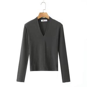 Camiseta de Punto de Manga Larga con Cuello en V para Mujer, Marca Runqi, Color Gris Oscuro, Corte Ajustado, Color Sólido, Base de Algodón, Talla XL - Product Image 1