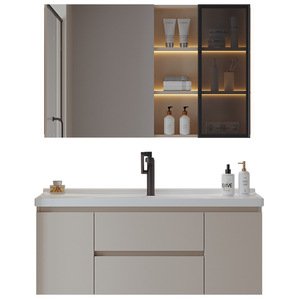 Grand meuble de toilette moderne à 3 portes en bois massif et MDF blanc médicinal Lavabo mural en acier inoxydable écologique Meuble sous-vasque de salle de bain - Product Image 3