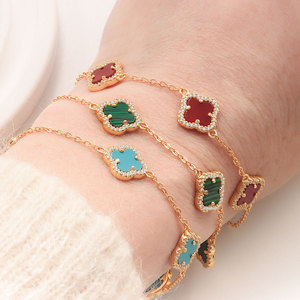 High Quality Black Agate Turquoise mother of pearl Four Leaf Pearl Chain Bracelet 925 Sterling Silver Hot Selling Lucky Jewelry - Product Image 2