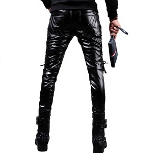 Pantalon en cuir PU noir pour homme, coupe slim, style motard, avec lacets latéraux, rivets, taille élastique, pour l'automne - Product Image 2