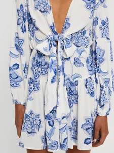 Women's White Printed V-Neck Ruffle Tie-Waist <b>Lantern</b> Sleeve <b>Mini</b> Dress Elegant Sophisticated Spring Breathable Bow ODM - Product Image 4