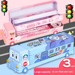 Multifunktionale Metall-Schreibwarenbox für Kinder, Kreatives Schulbus-Design, Dreischichtiges Federmäppchen für Jungen und Mädchen in der Grundschule - Product Image 1