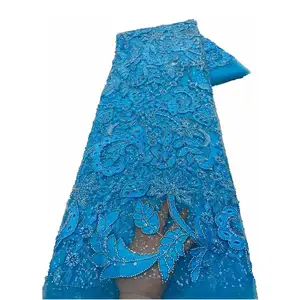 Dubai ladies fabric embroidery lace tulle african french lace fabric exquisite handmade shiny sequins beaded lace Ghana dress