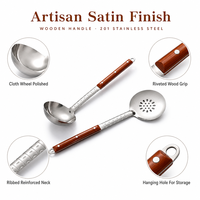 Ensemble d'ustensiles de cuisine 2 pièces avec manche en bois, louche à soupe et cuillère ajourée en acier inoxydable 201 finition satinée pour cuisine domestique européenne