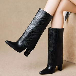 Hot Stone Print Folding Design Women Overlay Mid-Calf <b>Boots</b> Pointed Toe Big Size 43 Shoes Chunky Heel Booties for Ladies - Product Image 5