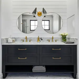 Tocador de baño de madera sólida con espejo, mueble de encimera de mármol, puerta de agitador de estilo americano