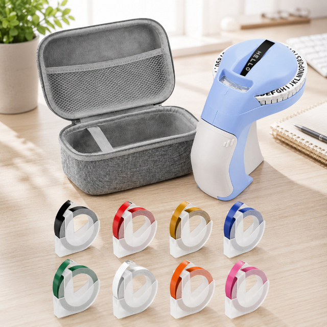 3D Embossing Label Printer Kit, 8 Color Tapes & Storage Case, Blue/Purple Embosser Compatible with Dymo 12965 12966 B90