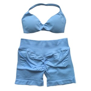 Conjunto de Yoga Sin Costuras: Sujetador Deportivo Halter con Recortes y <span class=keywords><strong>Shorts</strong></span> de Ciclismo de Cintura Alta Acanalados, Conjunto de 2 Piezas para Entrenamiento, Colores Vibrantes, para Gimnasio y Fitness - Product Image 5
