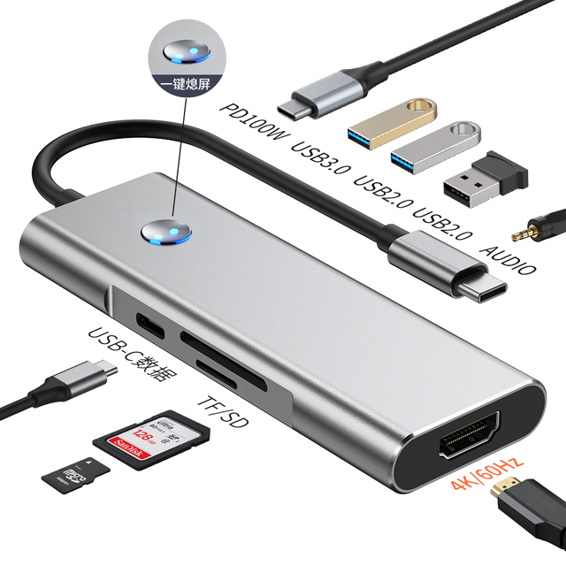 Hot Selling 9 in 1 USB C Hub USB 3.0 Ports Multiport Hub Adapter 4K/60Hz HD Audio Port Dock PD 100W SD/TF With Screen Button