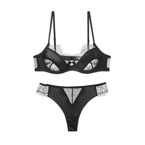 Conjunto de lencería de satén y encaje al por mayor, sujetador con aros y bragas de encaje de pestañas, estilo francés para mujer, OEM ODM - Product Image 5