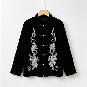 Chaqueta Tang de Terciopelo Negro Bordada para Mujer, Chaqueta Tradicional China con Cuello Alto, Manga Larga, Abrigo de Moda Cultural - Product Image 4