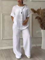 Ensemble décontracté en coton et lin pour femme : haut ample confortable et pantalon large à col noué au genou – Idéal pour le commerce transfrontalier