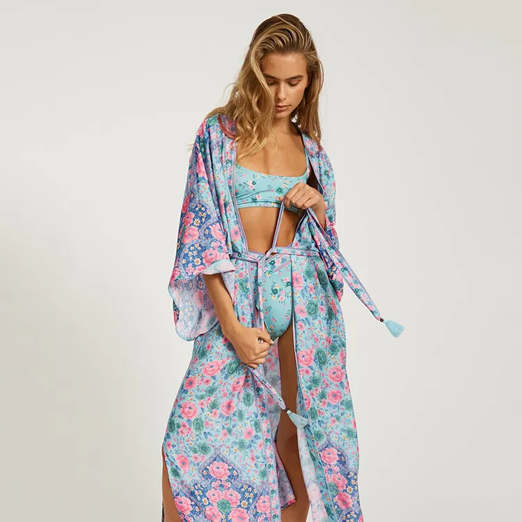 Blu Plus Size Beach Kimono floreale stampato lungo Homewear Robe 2022 donne