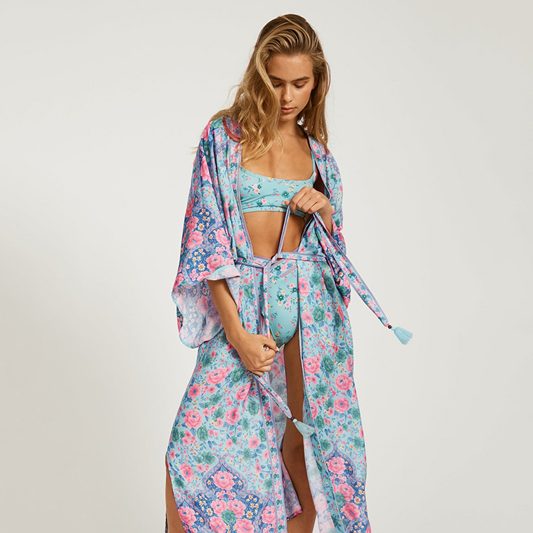 Robe longo com estampa floral kimono praia, tamanho grande, feminino, azul, robe, casamento 2022