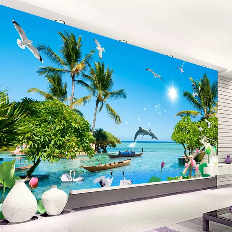 Custom 3D Photo Wallpaper Sea View Seagull Coconut Tree Wall Mural Living Room Sofa TV Background Wall Papers Home Decor Modern