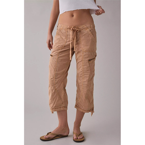 Pantalon cargo capri en <span class=keywords><strong>coton</strong></span> délavé pour <span class=keywords><strong>femme</strong></span>, coupe courte, avec cordon de serrage à la <span class=keywords><strong>taille</strong></span> et poignets à nouer, style Y2K, personnalisable (ODM) - Product Image 1