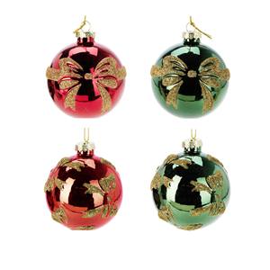 Sfera di Vetro Lucida Rossa/Verde con Fiocchi Dorati Glitterati DIAM. 8CM ASSORTITI - Product Image 1