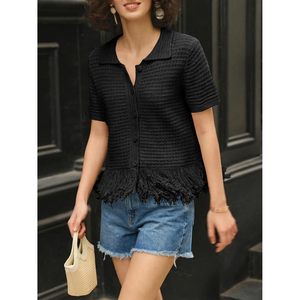Fisoew Womens Crochet <b>Cardigan</b> <b>Short</b> <b>Sleeve</b> Fringe Collared Button Up Sweater Tops Boho <b>Summer</b> Vacation Shirts - Product Image 2