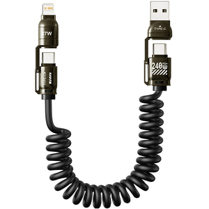 Câble de données de voiture 4-en-1 à ressort 240W à charge rapide <span class=keywords><strong>avec</strong></span> connecteurs USB-A/Type-C compatible CarPlay <span class=keywords><strong>iPhone</strong></span> et iPad - Product Image 1