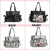 Große Kapazität Wasserdichtes reversibles Design 4 Farben Vorderseite Transparente Seite Bowknot Tasche Nylon Mädchen Handtasche Schulter Einkaufstasche