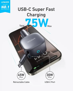 Chargeur de voiture Anker A2738 Nano 75W USB-C avec câble rétractable, fonction QC3.0, port Type-C - Product Image 2
