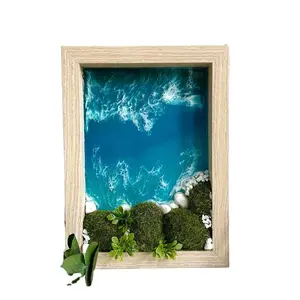 Framed 3D Blue Resin Ocean with Moss, Coastal, White Rocks and Sand & Beach Landscape, Ocean Art and Realistic Beach Scene,