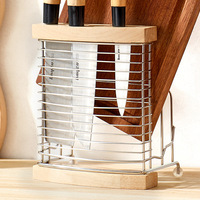 Support à couteaux ventilé en métal avec plateau en bois de chêne pour rangement de couverts et planches à découper