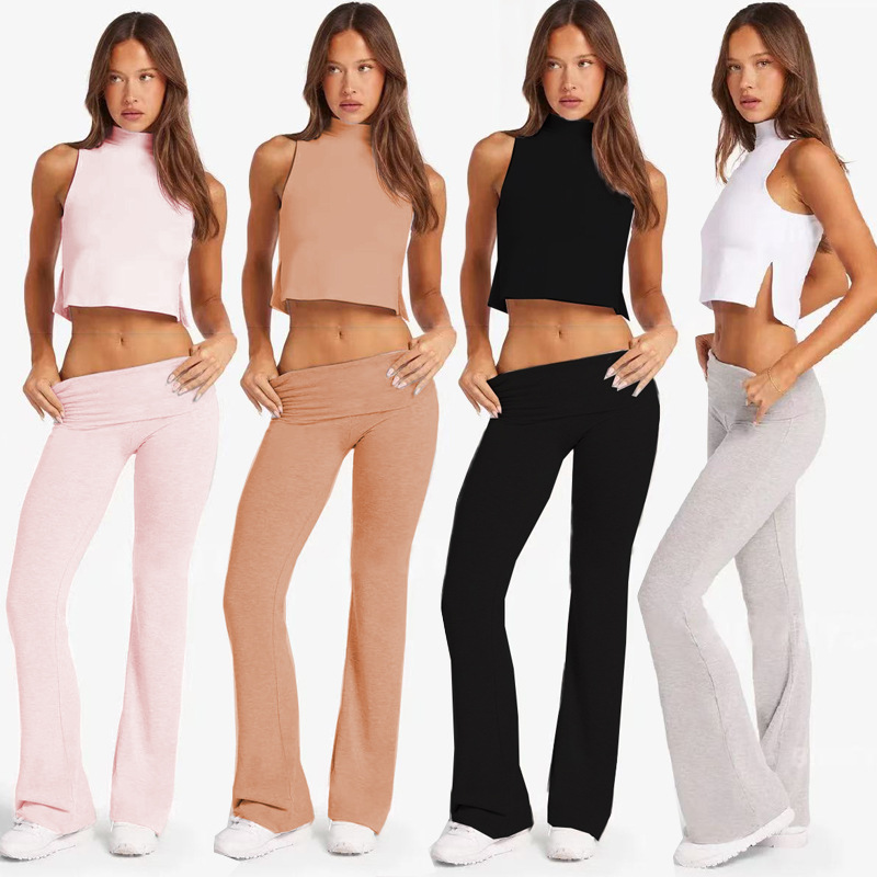 High Neck Tank Top Flared Pants Elastic Fabric Slim Fit Yoga Pilates Fitness Outfit Sportswear