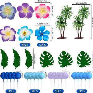 Ensemble de décoration de gâteau hawaïen <span class=keywords><strong>exotique</strong></span> avec des fleurs de plumeria et d'hibiscus colorées, des palmiers et un panneau « Aloha » pour les célébrations tropicales - Product Image 2