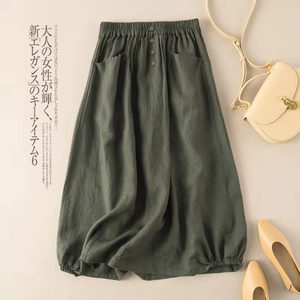 Women's Summer Linen Midi Skirt High Waist A-line Slimming Artistic Style Leisure Wear Military Green Coffee Black Navy Blue - Product Image 1
