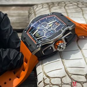 Montre mécanique classique et élégante avec cadran en cristal saphir, mouvement automatique étanche, couleur orange et design ajouré - Product Image 4