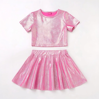 Ensemble haut court à manches courtes métallisé brillant pour filles avec jupe plissée, tenue de danse scintillante pour spectacle sur scène