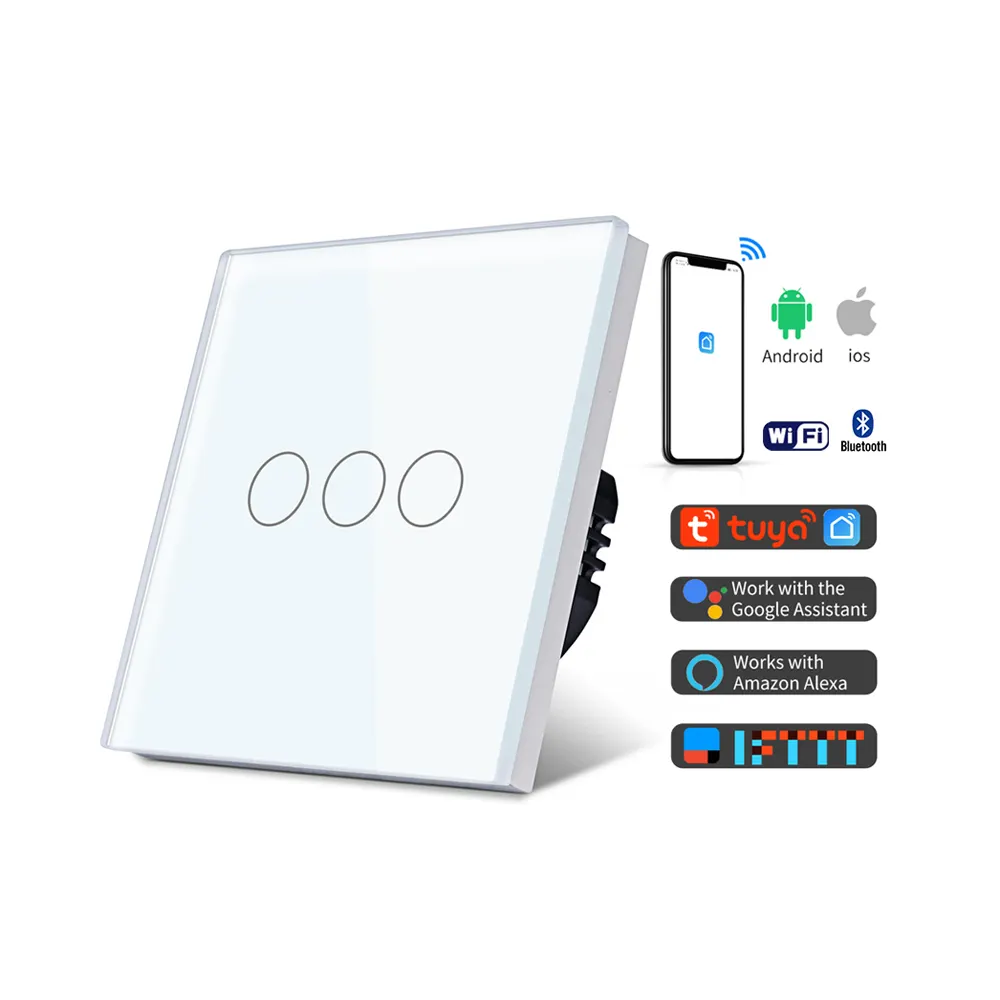 Powered By Tuya 3G1W Wifi Thông Minh Điện Thoại Di Động Điều Khiển Tường 3 Băng Đảng Panel Chuyển Đổi CE ROHS Giấy Chứng Nhận Wifi Chuyển Đổi Thông Minh