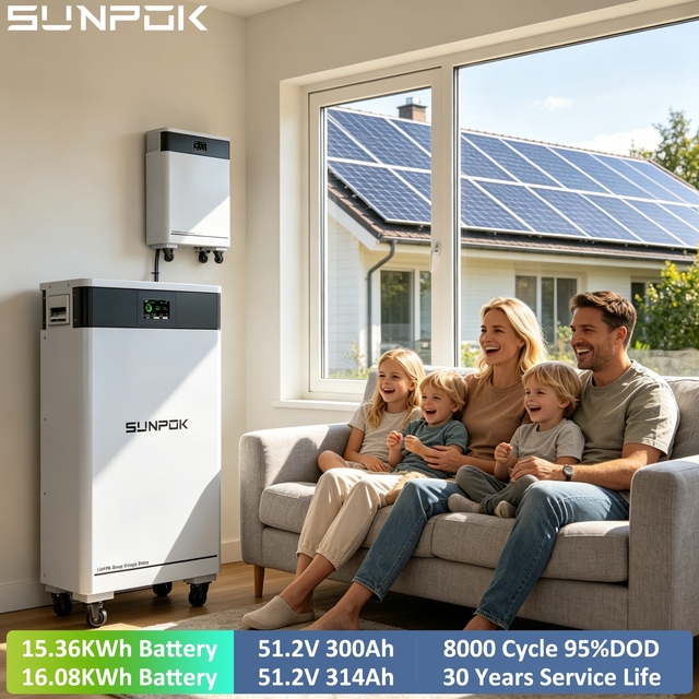Sunpok 48V 300Ah Lithium Solar Battery 15kWh LiFePO4 Battery Capacity 51.2V LFP Voltage Built-in BMS for Solar System