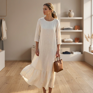 Low MOQ Handmade 100% Cotton V-Neck Midi Breathable Plain Dyed A-Line Flowy Summer Beach Dress Pockets Women Vintage <b>Bow</b> High - Product Image 3