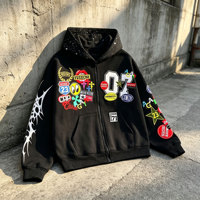 Özel Yapım Graffiti Patchwork Baskılı Büyük Beden Kalın Polar Kapüşonlu Sweatshirt Y2K Sokak Modası Fermuarlı Kapüşonlu Üst