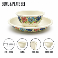 Ensemble de bols et assiettes Senny Midsummer Floral en émail, bol de 13 cm, assiette extra épaisse de 20 cm, bord crème, vente en gros