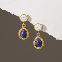 Nouvelle Arrivée Boucles d'Oreilles Pendantes en Acier Inoxydable Plaqué Or PVD 18K avec Lapis Lazuli Naturel et Cristal Clair Rond en Sertissage Bezel