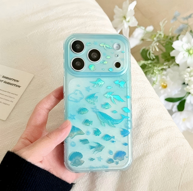 Ocean Dolphins School of Fish Patterns Mobile Phone Case for Iphone17 16 15 14 13 Pro Max Shockproof Bumper IMD Bling Back Cover