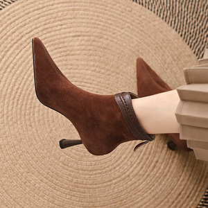 Botines de Ante Vintage Estilo Francés para Mujer, Otoño Invierno 2026, Tacón de Aguja con Punta, Minimalistas, Color Nude, Casuales - Product Image 1