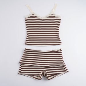 Ensemble pyjama deux pièces pour femme, rayé, avec dentelle, caraco et short boxer, style Pure Desire, ensemble de vêtements de détente sexy - Product Image 6