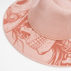 Topi Fedora Unisex Desain Tengkorak Barat, Ukiran Laser Gambar Tangan, Bahan Suede Vegan, Pinggiran Lebar, Tali Serut Dalam yang Dapat Disesuaikan, Kasual untuk Luar Ruangan - Product Image 5