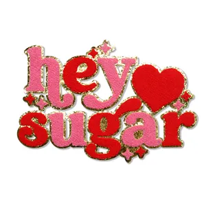 Custom Embroidery Valentines Day Glitter Letter Hey Sugar Logo Patch Iron On Chenille Patches For Clothing